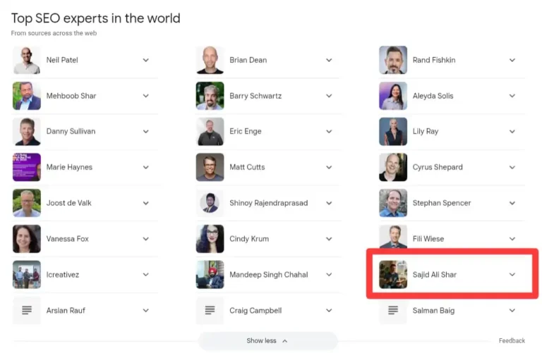 Google search results for “Top SEO Experts in the World” featuring Sajid Ali Shar